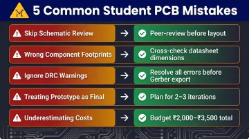 Five most common student PCB prototyping mistakes and fixes summary infographic