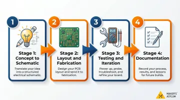 Four-stage PCB maker skill progression from concept to documentation infographic