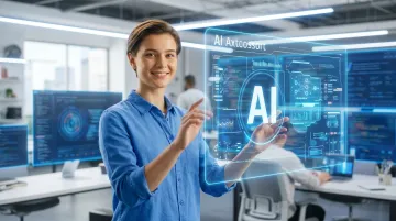 Professional using AI digital tools on laptop in modern technology workspace