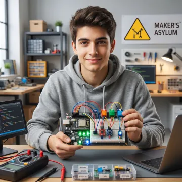 Student testing an IoT prototype with sensors and lights