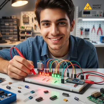 Student testing an electronics project on a workbench