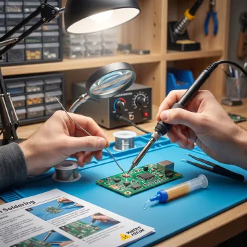 Beginner learning micro soldering on an electronics board