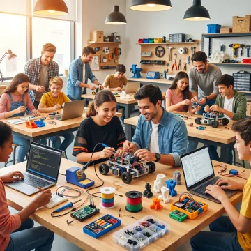 Teenagers building STEM projects with mentors