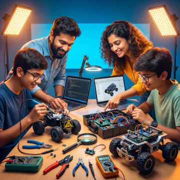 Students prototyping robotics projects with mentors