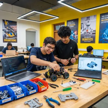 High school students building robotics projects at summer camp