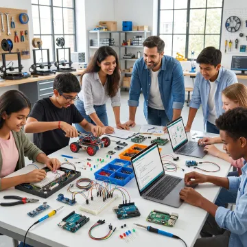 Students building electronic projects with components and tools