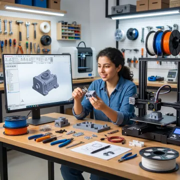 Student designing and reviewing a 3D printed model