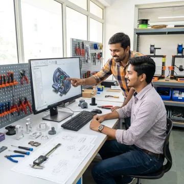 Student learning mechanical CAD design on a computer