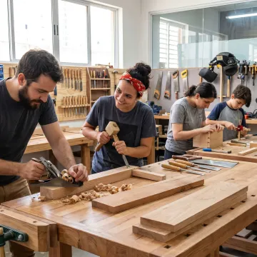 Learner practicing woodworking with hand tools