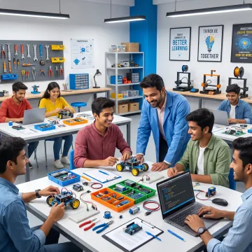 Students building and testing robotics projects in India