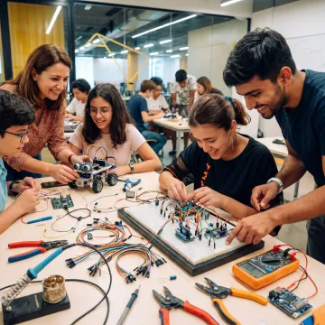 Students building electronic prototypes in a maker lab