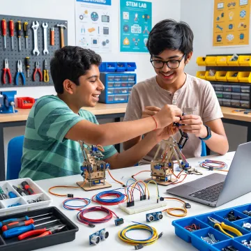 High school students building a robotics project