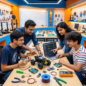Students prototyping a robotics project with mentors