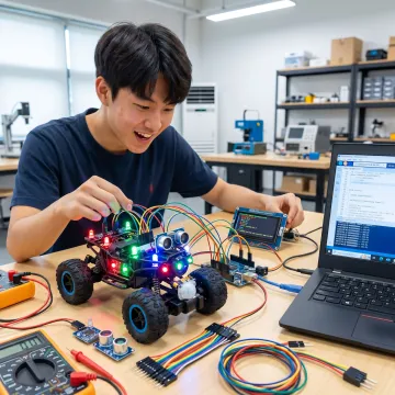 Student building an IoT project with sensors and microcontroller