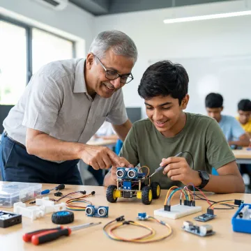 Teen testing a robotics project with a mentor