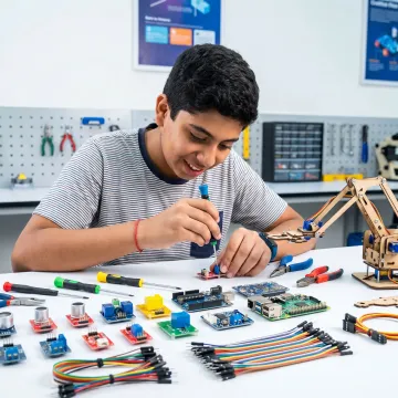 Teen building a robotics kit with electronic components