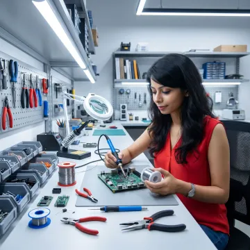 Learner assembling an electronics project at a workbench