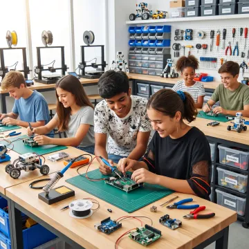 Students building projects in a makerspace classroom