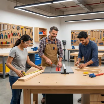 Instructor guiding students through woodworking training