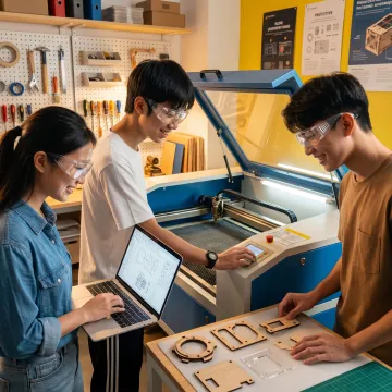 Students learning laser cutting in a makerspace