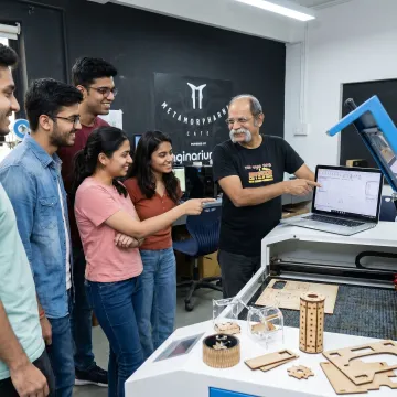 Mentor guiding students on laser cutting workflow