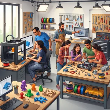 Mentor guiding students through 3D printing projects