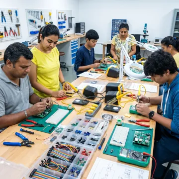Students building circuits in an electronics lab