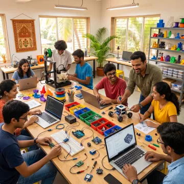 Students building projects at Maker's Asylum in Goa