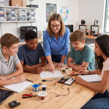 Mentor guiding students through a prototype development process