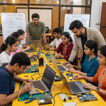 Students collaborating on a social innovation prototype
