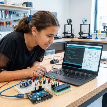 Student testing an electronics control system prototype
