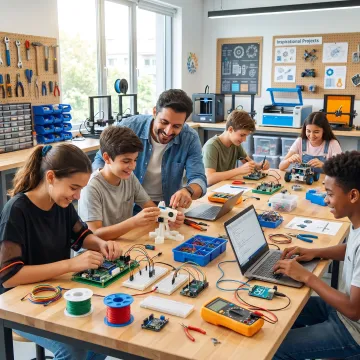 Students building STEM projects with mentors