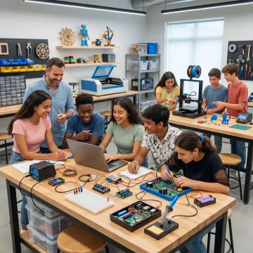 Students building projects in a hands-on maker classroom