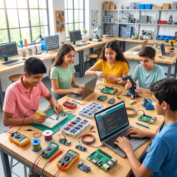 Students building electronic projects with components and tools