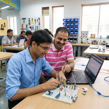 Student learning electronics step by step with a mentor
