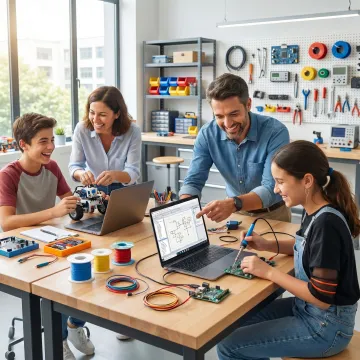 Students and educators collaborating in a makerspace lab
