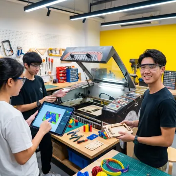 Students learning laser fabrication in a makerspace