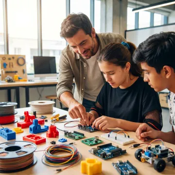 Mentor guiding students in a makerspace