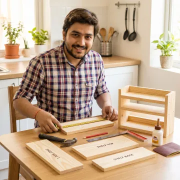 Beginner assembling a simple wooden project at home