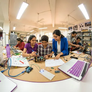 Teen learners creating prototypes with mentors