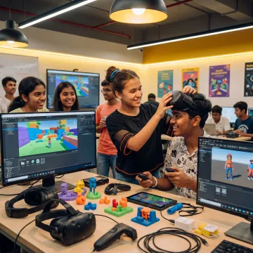 Students building game design prototypes in a makerspace