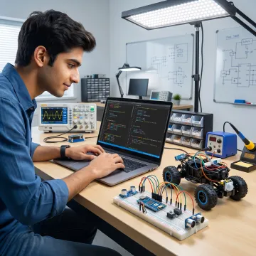 Electronics student programming a microcontroller