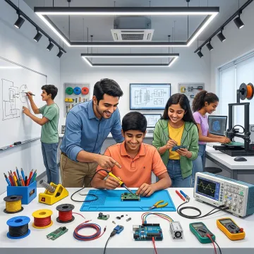 Mentor guiding students through a hands-on STEM project
