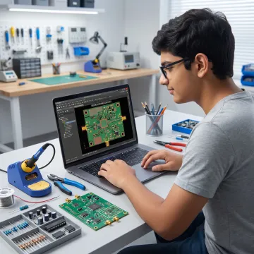 Learner working on RF PCB design and assembly