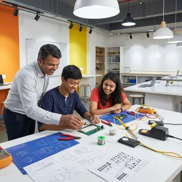 Mentor guiding students through a prototype build