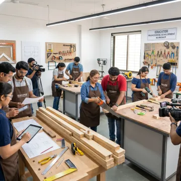 Teachers learning woodworking step by step