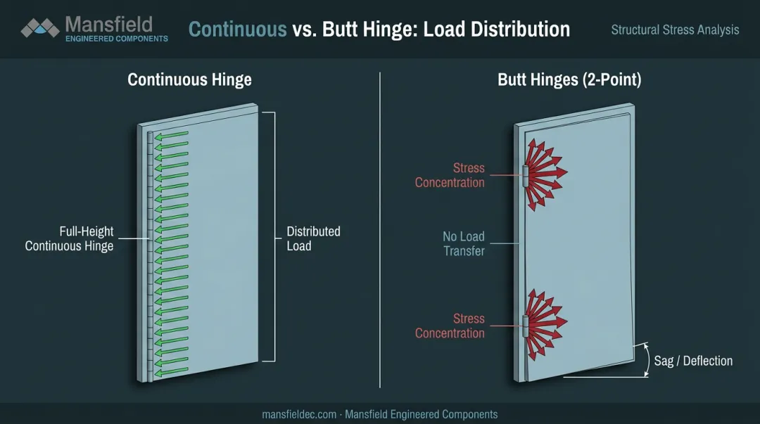 Continuous hinge versus butt hinge load distribution and door sag comparison diagram