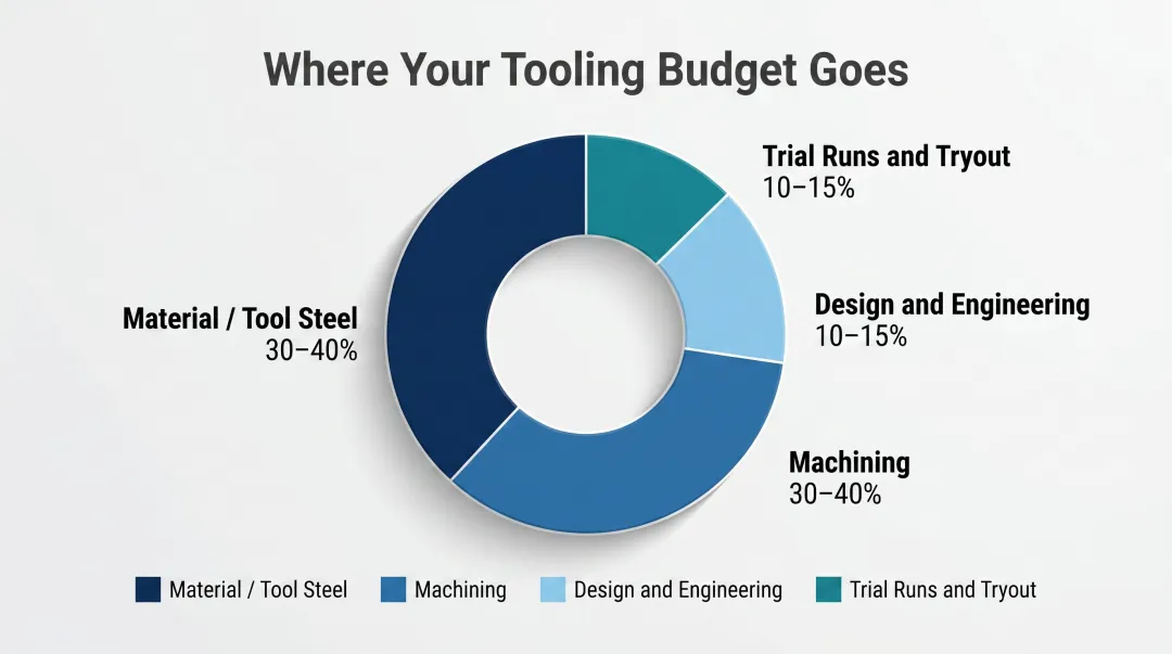 Custom hinge tooling cost breakdown by category as percentage pie chart