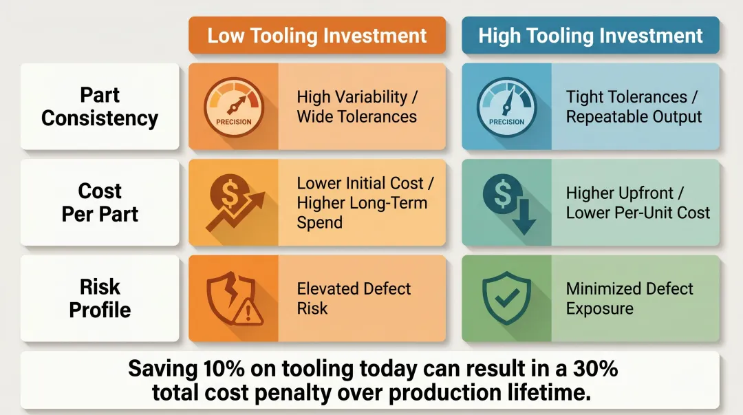 Low versus high tooling investment tradeoff comparison infographic for hinge programs