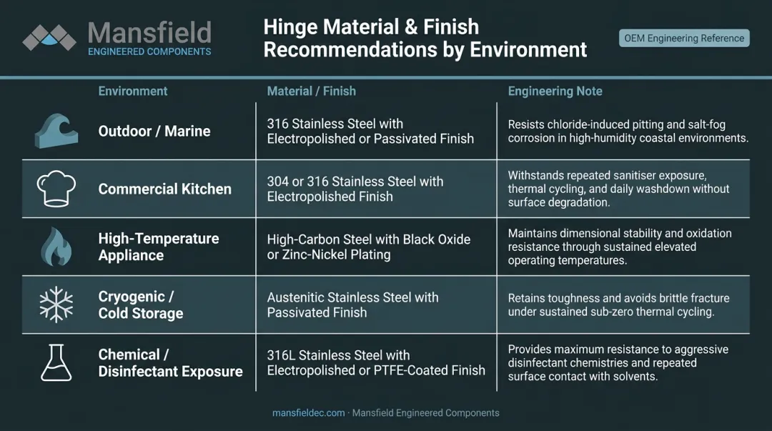 Heavy-duty hinge material and finish selection guide by environment type